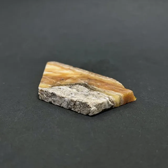 Hokkaidoite slice 2A01 in daylight (8/10) — 8.5 × 4.4 × 0.7 cm, Hokkaido, Japan · Kitsune Mineral