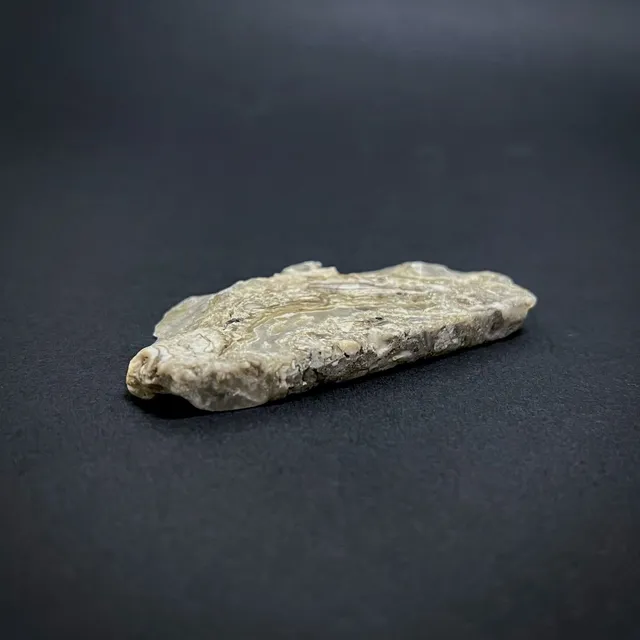 Hokkaidoite slice 2B14 in daylight (10/11) — 6.6 × 3.8 × 0.6 cm, Hokkaido, Japan · Kitsune Mineral
