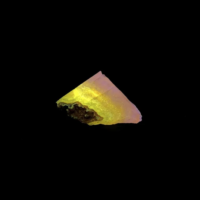 Hokkaidoite slice 2C02 under UV light (3/9) — 4.4 × 3.7 × 0.7 cm, Hokkaido, Japan · Kitsune Mineral