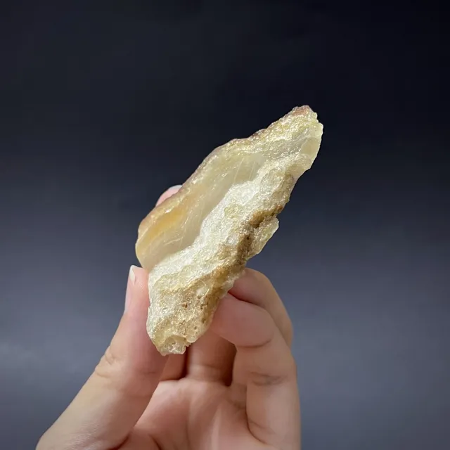 Hokkaidoite slice AL03 in daylight (7/9) — 6.7 × 5.2 × 0.7 cm, Hokkaido, Japan · Kitsune Mineral